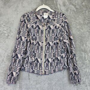 Hei Hei Jacket Womens 4 Multicolor Geometric Tweed Fringe Zip Short Collarless